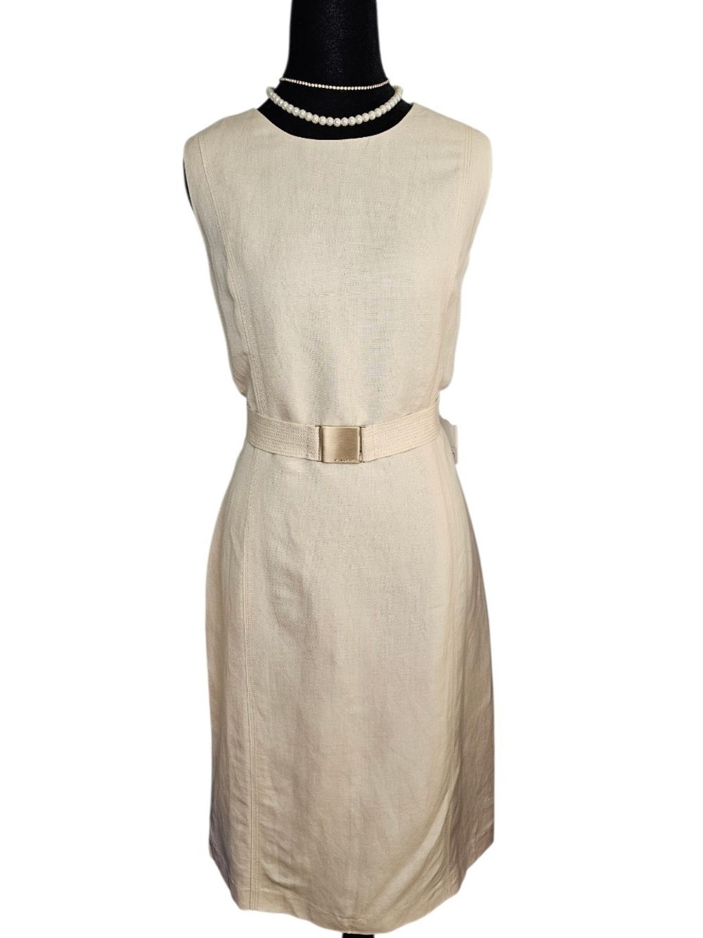 NWT Calvin Klein Linen Blend Belted Sheath Dress Light Khaki Sz 14